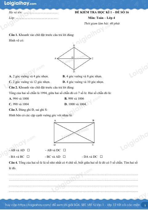 Đề số 16 - Đề kiểm tra học kì 1 - Toán lớp 4